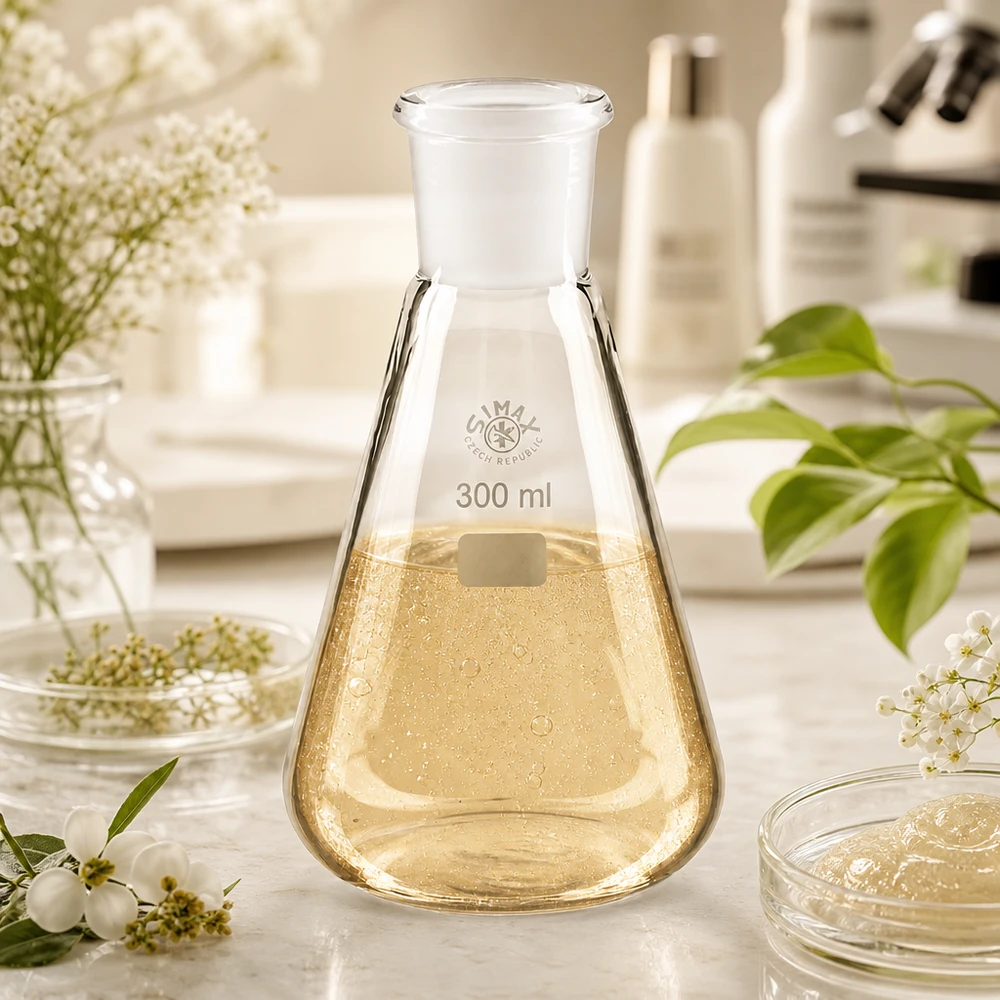 Erlenmeyerova baňka 300ml se standardním broušeným spojem (29/32) Erlenmeyerkolben 300ml mit gelblicher Testlösung und Normschliff 29/32 für analytische Chemie
