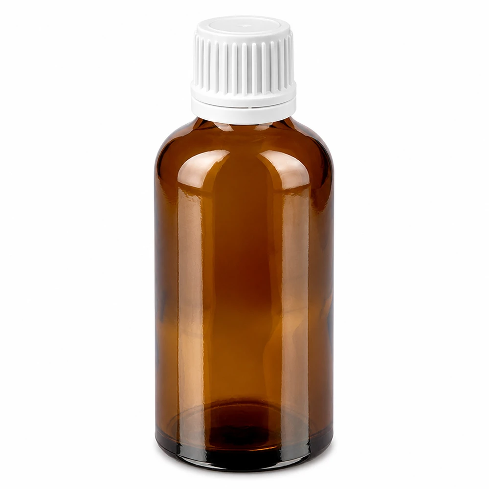 50ml láhev 11mm šroubovací uzávěr bílý tamper evidentní uzávěr BrownLine UT18/50 Kompakte 50ml Flasche in Braun für ätherische Öle mit weissem Sicherheitsverschluss