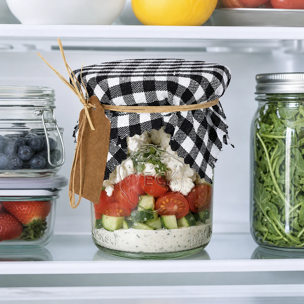 Schwarz-weiß kariertes Stoffdeckchen mit Bastschleife auf Salatglas im Kühlschrank, praktische Frischhaltung