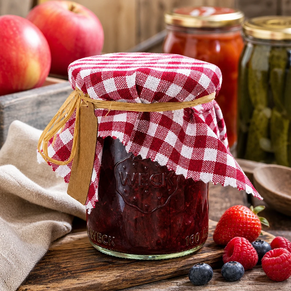 Látkový ubrousek na šperky bordó kostkovaný 15cm čtvercový Bordeaux-kariertes Stoffdeckchen auf Marmeladenglas mit frischen Beeren und Äpfeln in rustikaler Küche