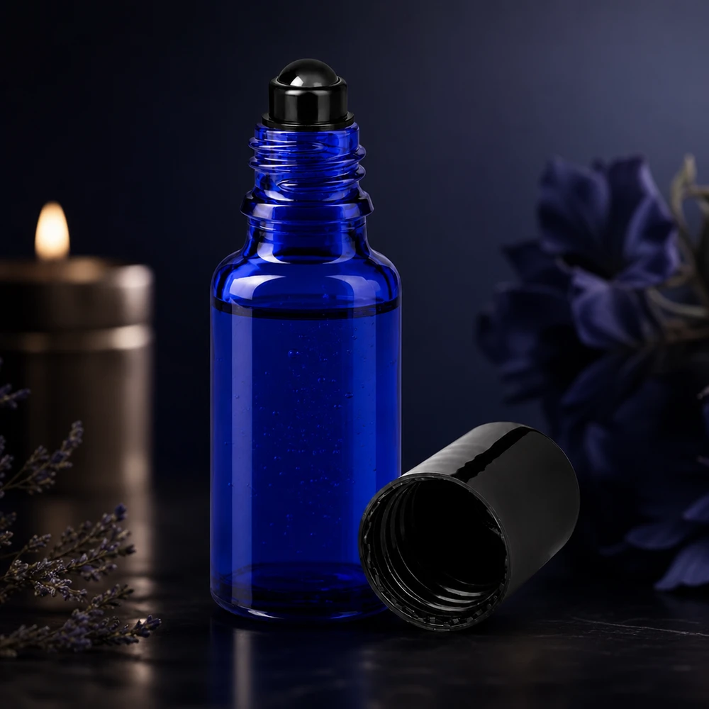 Dunkelblaue 20ml Flasche aus UV-Schutzglas mit schwarzem Rollaufsatz und Sicherheitsdeckel