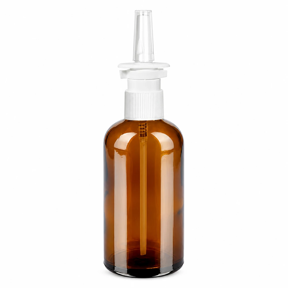 100ml lahvička na nosní sprej bílá/průhledná Standard BrownLine UT18/100 Medizinische Braunglasflasche 100ml mit ergonomischem Sprühkopf für Nasenmedikamente