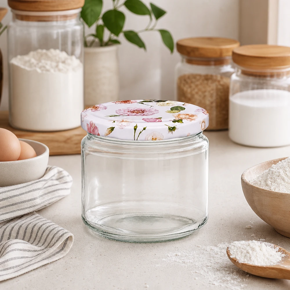 330ml kulatá sklenice + víčko BasicSeal flower pink UNiTWIST 330ml Rundglas leer mit rosa Blüten BasicSeal Deckel in moderner Küche zwischen Vorratsgläsern und Mehl