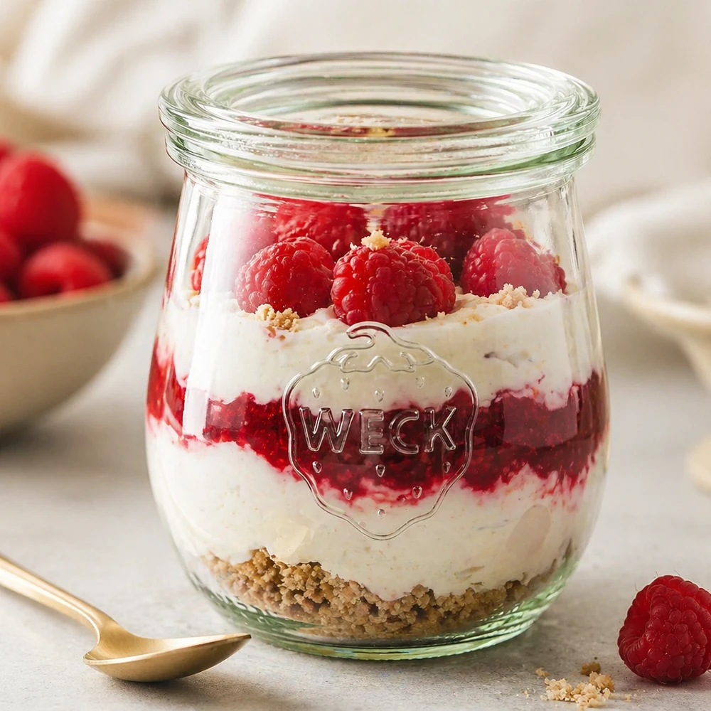 WECK Tulpenglas 220ml RR60 als Dessertglas mit Himbeeren und Sahne gefüllt neben goldenem Löffel auf Marmortisch