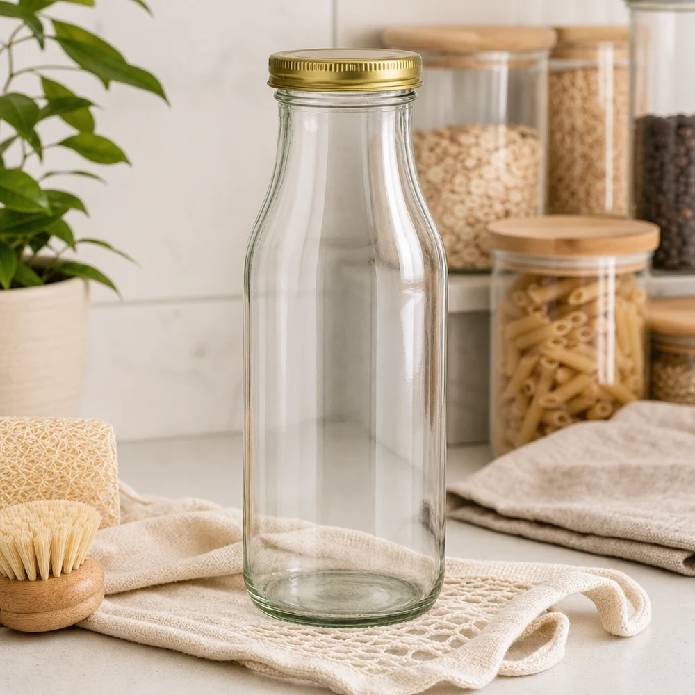 UNiTWIST Bottle263 Glasflasche mit goldenem TO43 BioSeal Deckel in nachhaltiger Zero-Waste Küche mit Vorratsgläsern