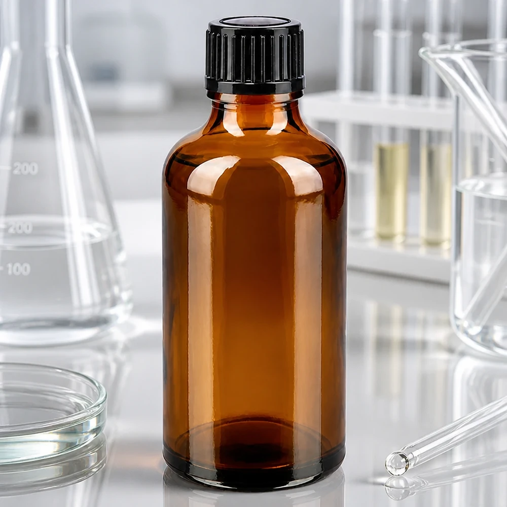 Runde Apothekerflasche aus bernsteinfarbenem Glas 50ml mit kindersicherem Schraubdeckel