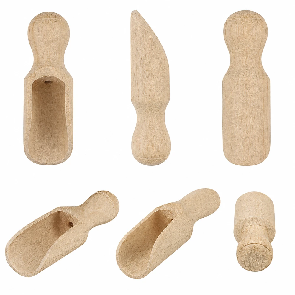 Holzschaufel XS Set aus verschiedenen Blickwinkeln zeigt halbrunde Form und handwerkliche Verarbeitung aus Naturholz