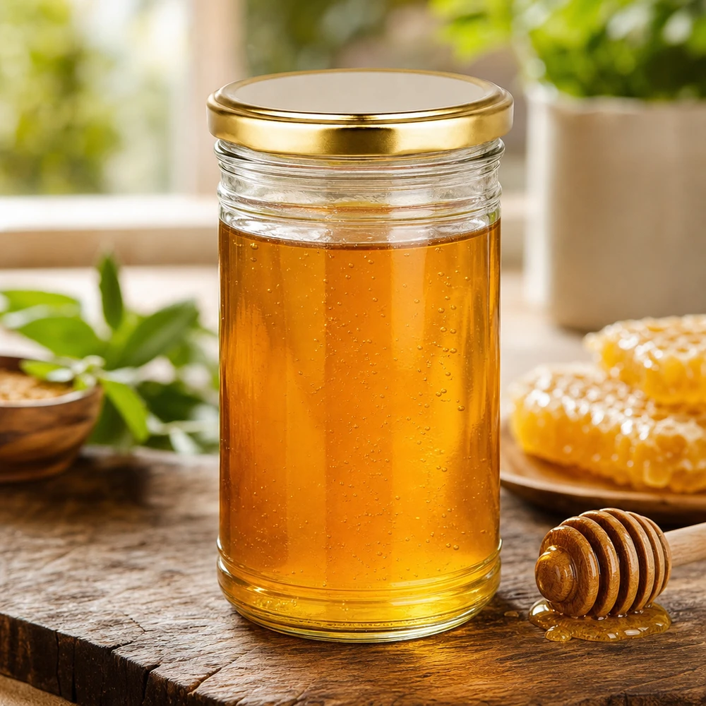 Honig im 1053ml Sturzglas mit goldenem BasicSeal Deckel neben Honigtopf und Honigwabe auf Holztisch