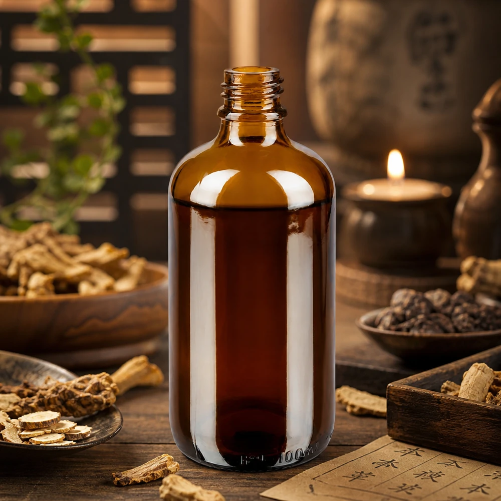 100ml braune Apothekenflasche ApoGlas mit TCM Kräutern Ginseng und Pfeffer in asiatischer Heilpraxis