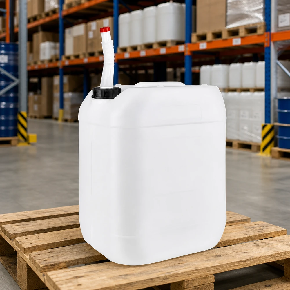 Kanystr o objemu 20 litrů s výpustnou trubkou Flex Industriekanister 20 Liter mit abnehmbarem Auslaufrohr auf Europalette gelagert