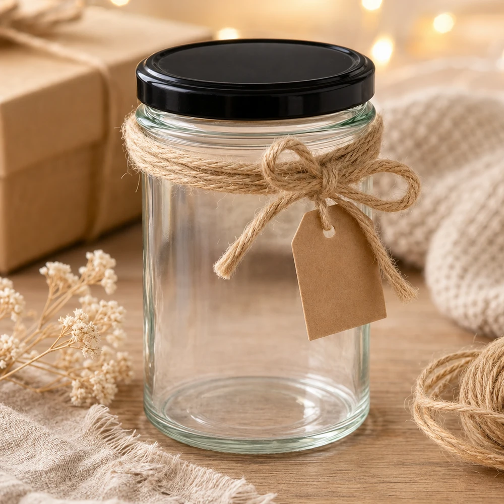 230ml tumblery s víčkem BasicSeal černé UNiTWIST. 230ml Sturzglas mit schwarzem Deckel und Juteschnur Geschenkverpackung rustikale Dekoration Bastelprojekt