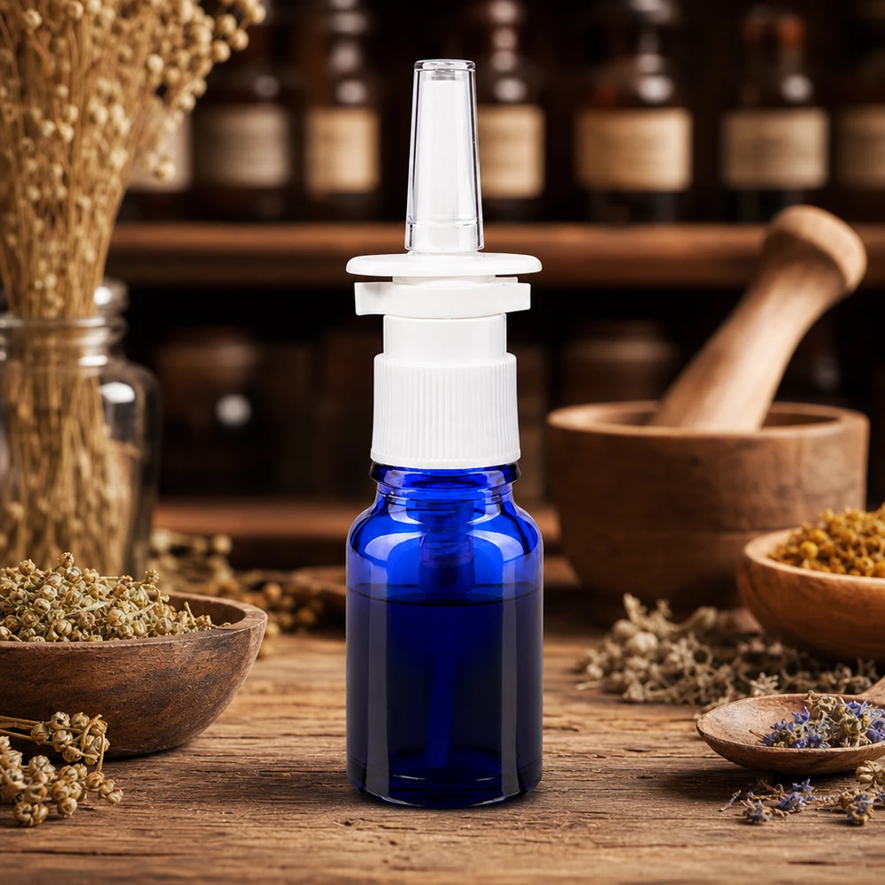 Wiederverwendbare 10ml Nasensprayflasche Blauglas mit ergonomischem weißen Sprühaufsatz