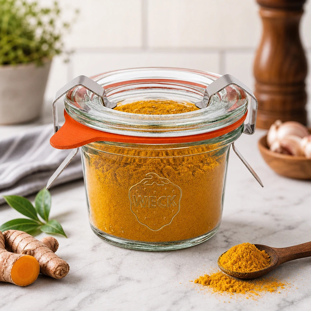 35ml kelímky kompletní WECK RR40 WECK Sturzglas 35ml RR40 mit Kurkuma gefüllt neben frischem Ingwer zeigt Aufbewahrung von Gewürzen und Kräutern