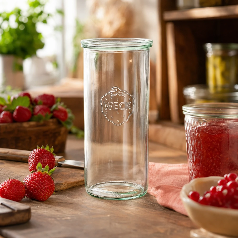WECK 1500ml Sturzglas RR100 in rustikaler Küche mit frischen Erdbeeren und Marmelade als Dekoration