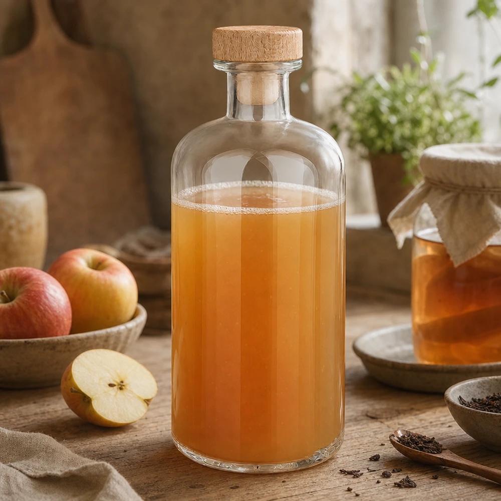 Glasflasche Flora 500ml mit Apfelessig gefüllt zwischen frischen Äpfeln und Gewürzen auf Holztisch rustikale Küche