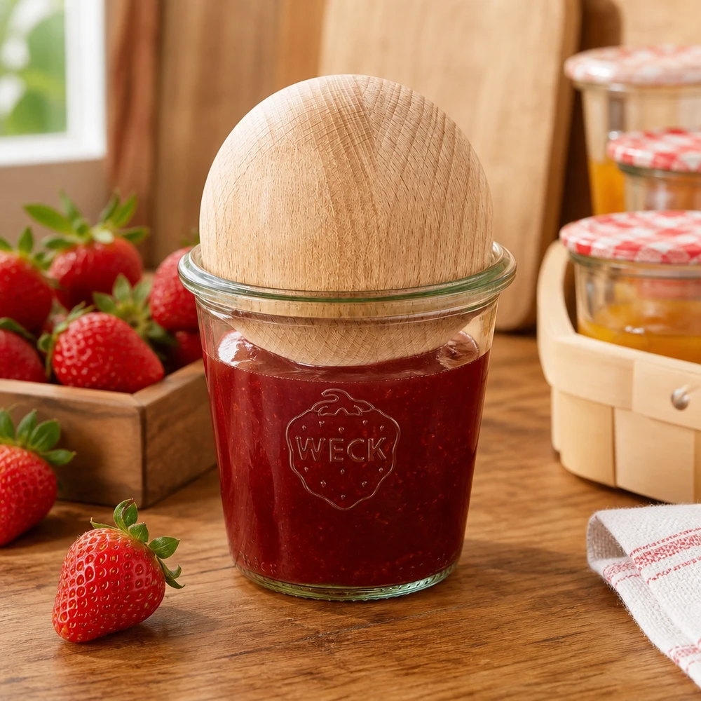 290ml vysoká skleněná nádoba WECK RR80 s dřevěnou kuličkou buk. WECK Einmachglas 290ml RR80 gefüllt mit Erdbeermarmelade und Holzkugel-Verschluss aus Buche in Küche