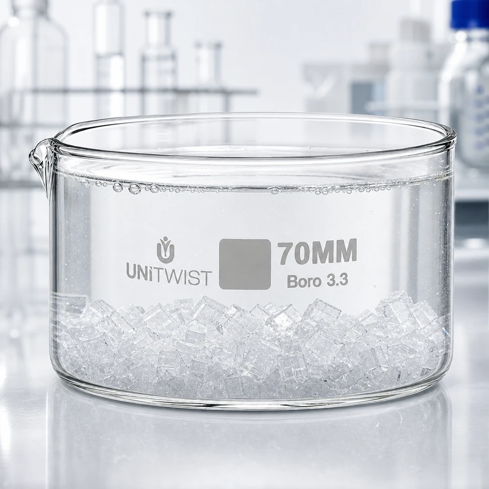 Krystalizační miska ø70 mm z borosilikátového skla UNiTWIST UNiTWIST Verdampfungsschale 70mm Boro 3.3 temperaturbeständig transparent Laborqualität