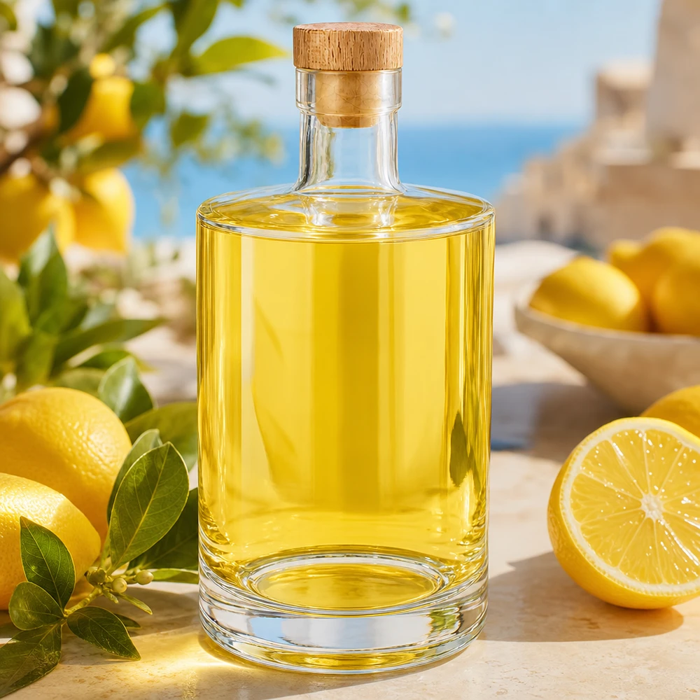700ml Glasflasche "Galileo" mit Holzgriffkorken UNiTWIST® 700ml Glasflasche Marie mit gelbem Inhalt und Zitronen dekorativ arrangiert auf Holztisch im Freien