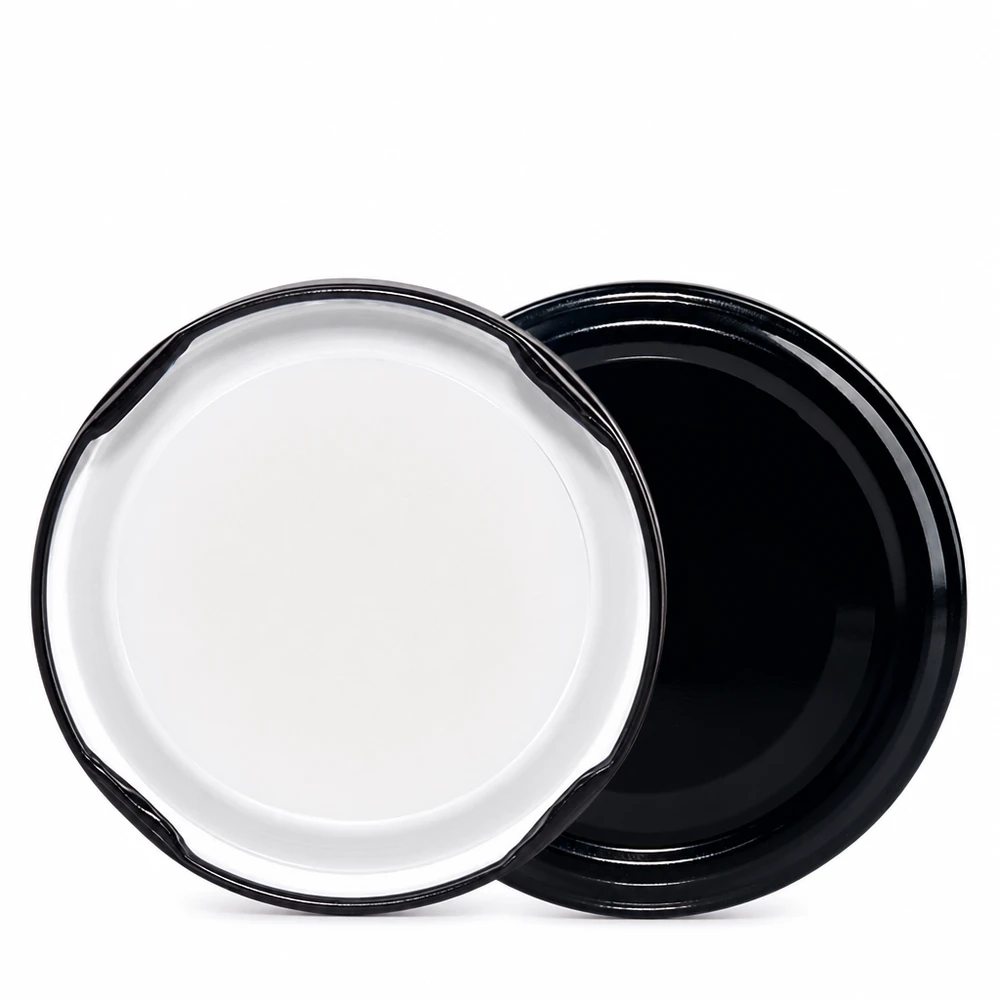48mm víko BioSeal černé (TO48) UNiTWIST UNiTWIST TO48 víčko typu „twist-off“ v černé a bílé barvě – pohled dovnitř, kovové víčko BioSeal bez BPA a NI