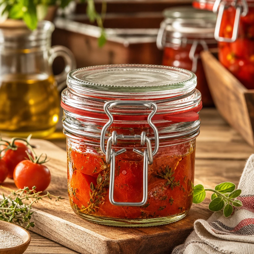 Skladovací sklenice o objemu 255 ml s gumovým kroužkem a výkyvným víčkem UNiTWIST. Einmachglas 255ml gefüllt mit eingelegten Tomaten und Kräutern, rustikale Küchendeko auf Holzbrett mit frischen Zutaten