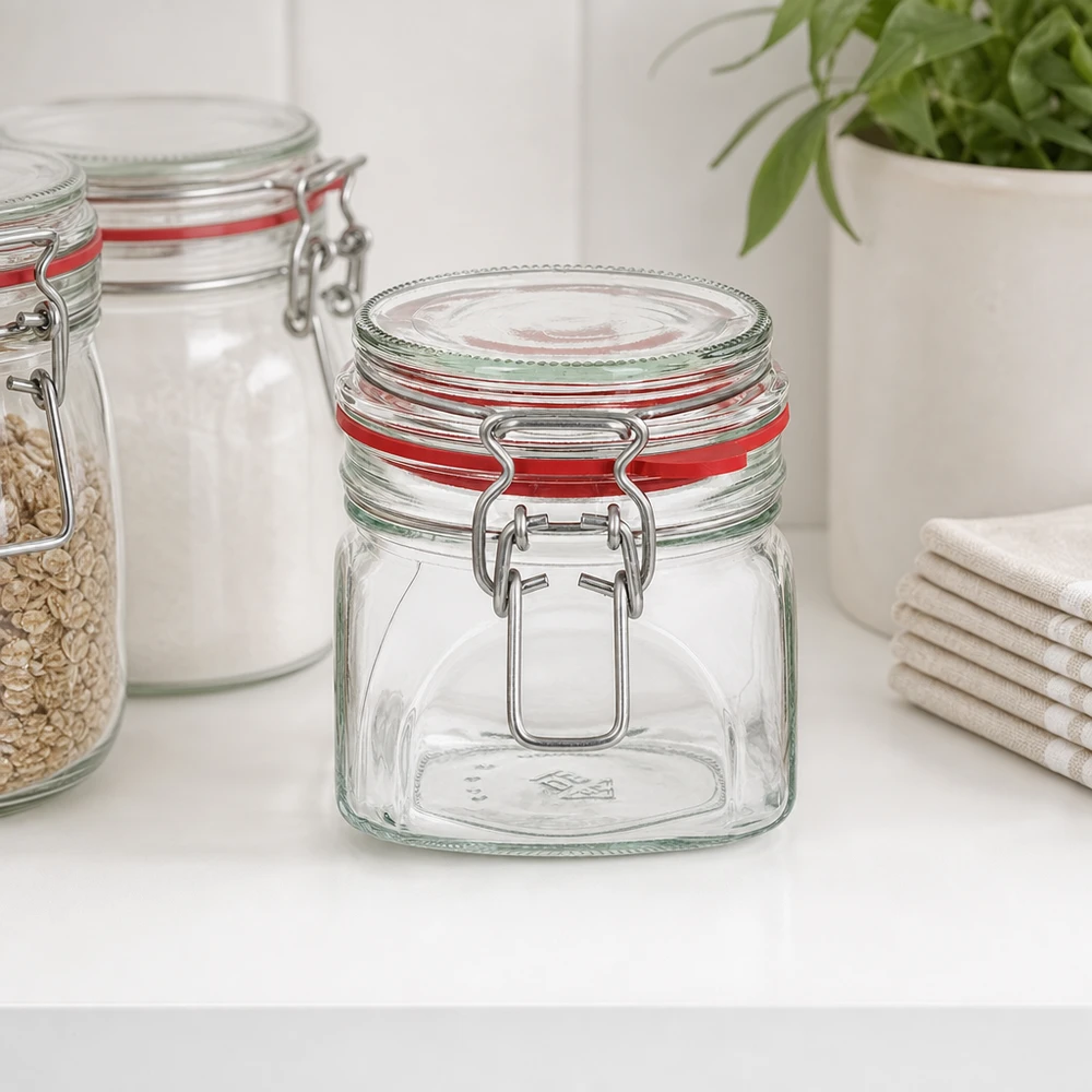 370ml zavařovací sklenice s gumovým kroužkem a otočným víčkem UNiTWIST. Vielseitiges 370ml Glasgefäß mit Schnappverschluss für Trockenvorräte und Konserven