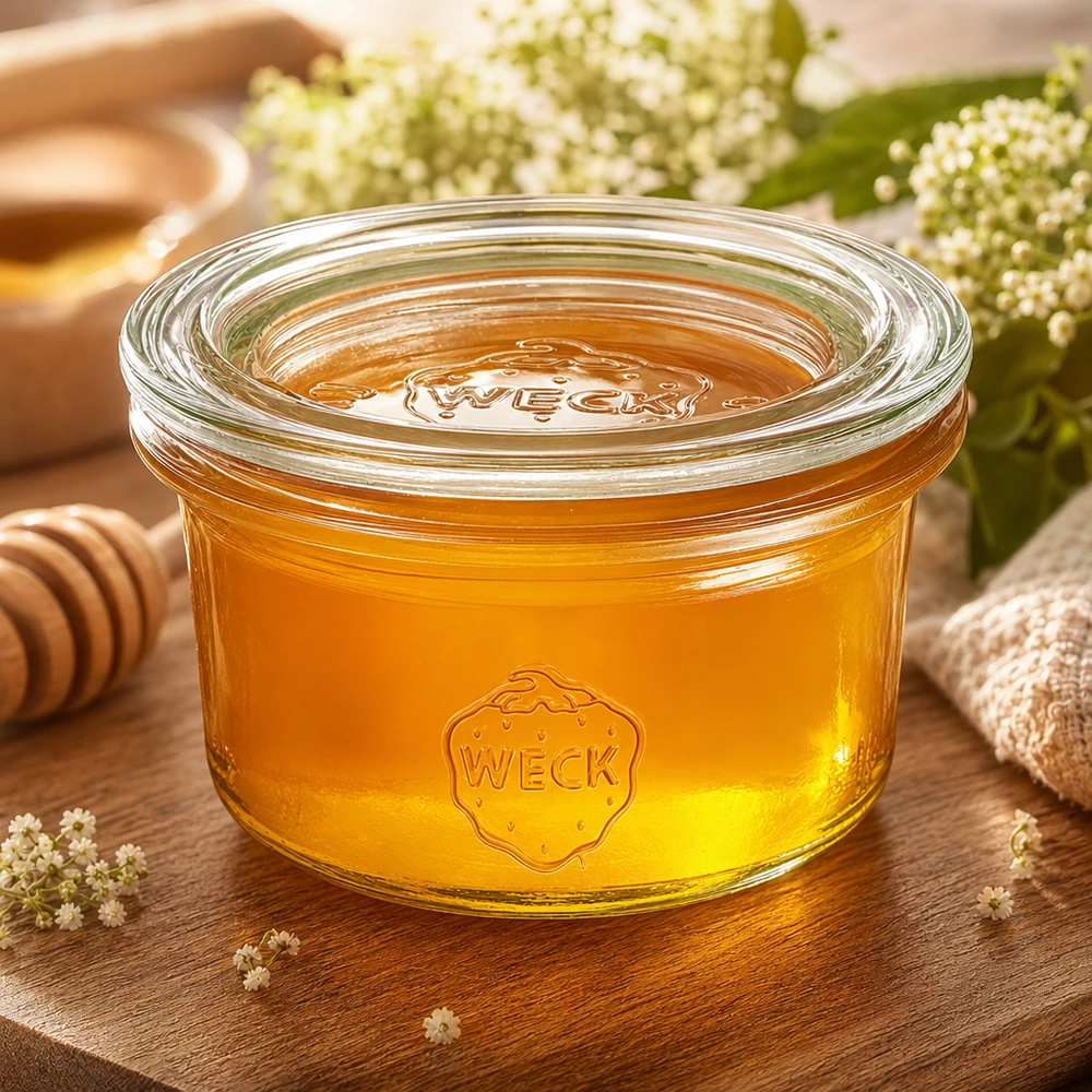 WECK Sturzglas 50ml mit Honig gefüllt neben Honiglöffel und Blüten auf rustikalem Holztisch natürlich präsentiert