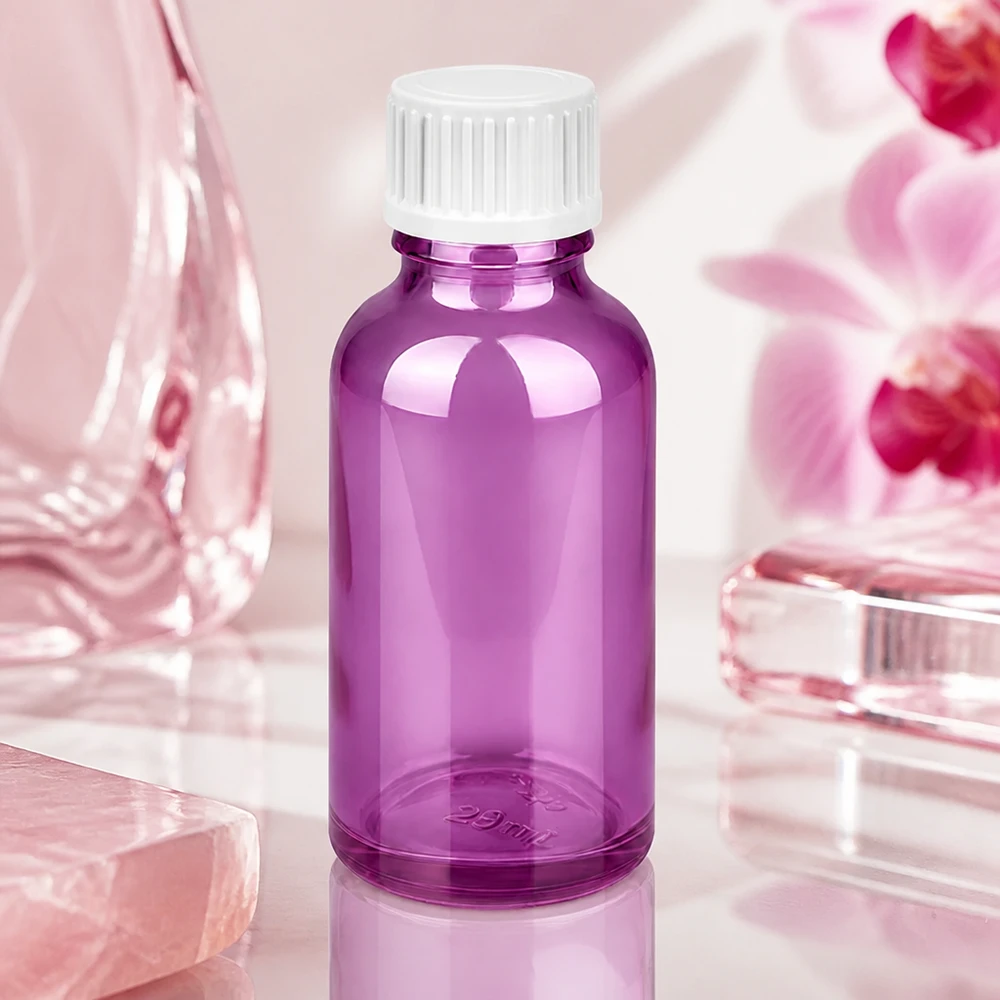 Lahvička o objemu 30 ml (globule). Nalévací kroužek 3 mm bílý Standard PurpleLine. UT18/30 Premium 30ml Glasflasche in Purple für professionelle Kosmetikherstellung und Naturkosmetik