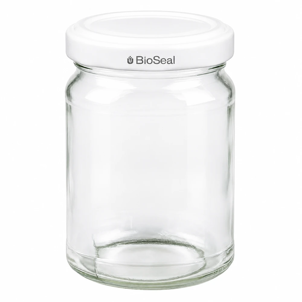 Kulatá sklenice o objemu 205 ml s víčkem BioSeal bílá UNiTWIST UNiTWIST Runda205 Einmachglas mit weißem TO58 BioSeal Deckel - leeres Rundglas für Konservierung und Aufbewahrung