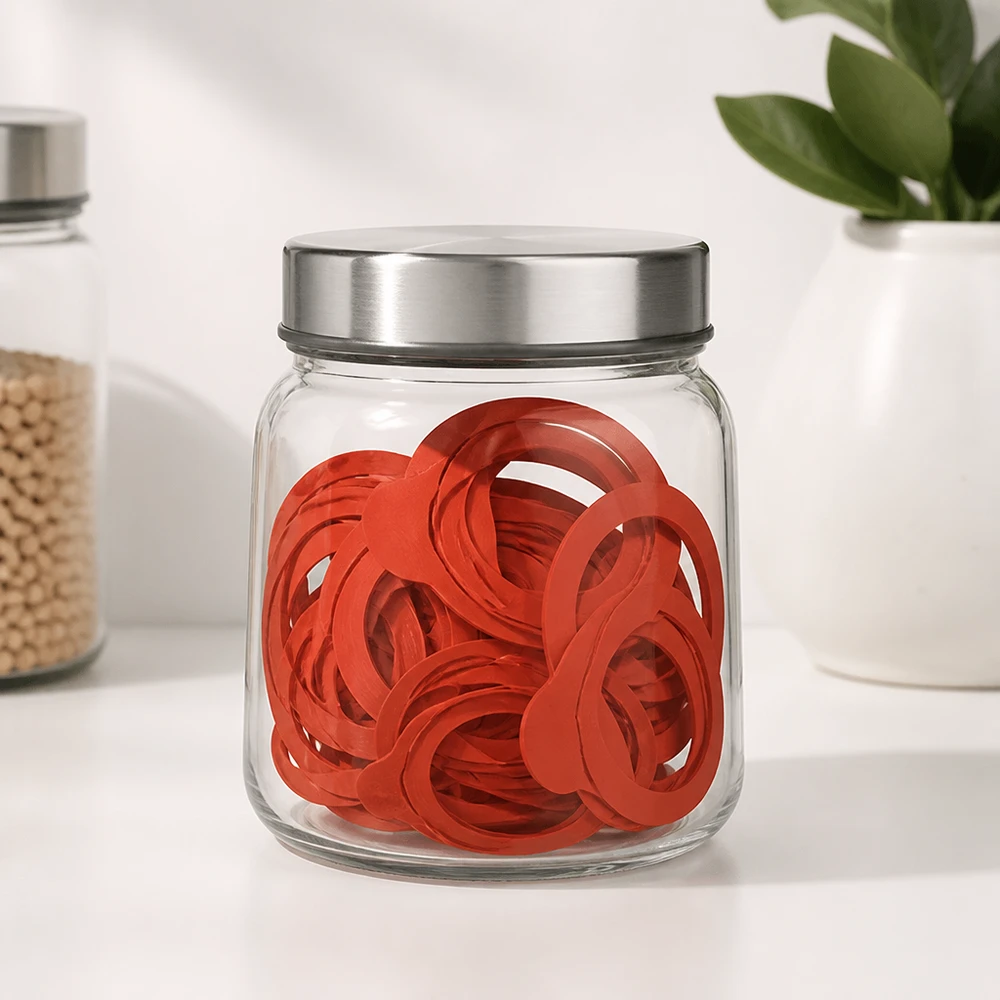 Konzervační kroužek z přírodního kaučuku RR60 Einkochringe RR60 Naturgummi orange in Glasdose mit Metalldeckel moderne weiße Küche Aufbewahrung Dichtungsringe