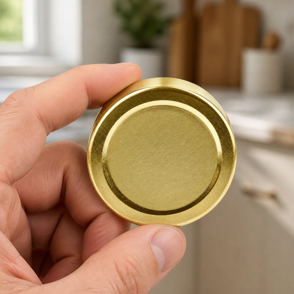 58mm víčko BasicSeal zlaté (TO58deep) UNiTWIST Ruka drží zlaté šroubovací víčko BasicSeal TO58deep o průměru 58 mm od společnosti UNiTWIST