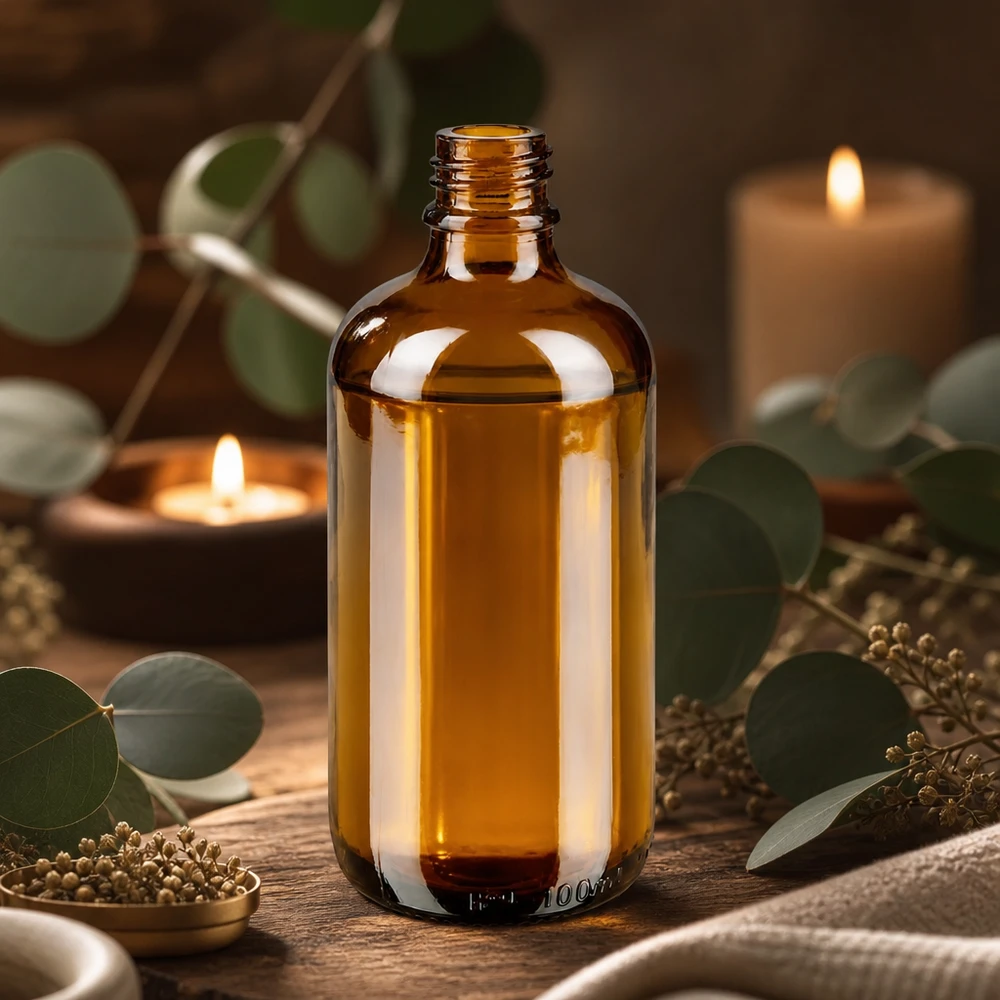 Lahvička s kapátkem 100 ml DIN 18 z jantarového skla Braune ApoGlas Apothekenflasche 100ml mit ätherischen Ölen, Eukalyptus und Kerzen dekorativ arrangiert