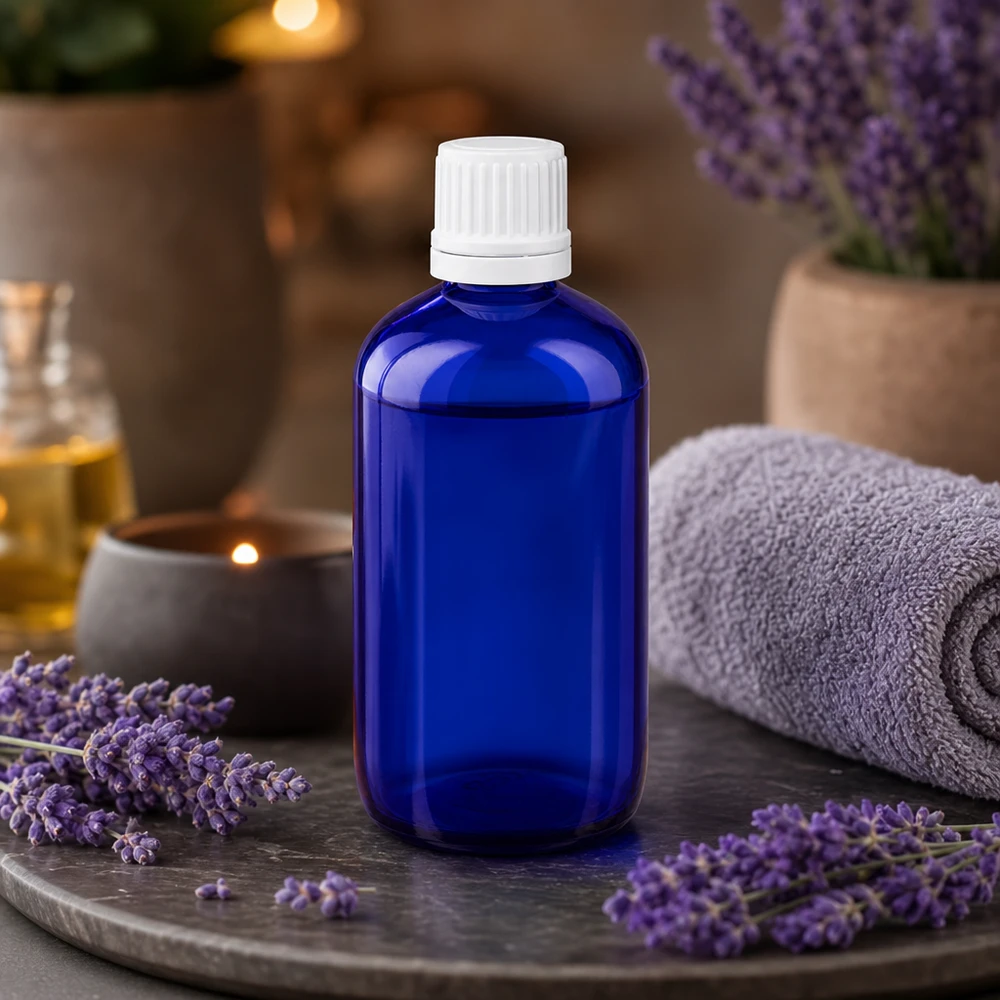 Lékárenská láhev modrá 100ml kapací uzávěr 1,2mm bílý uzávěr prokazatelný proti manipulaci. Blaue Medizinglasflasche 100ml mit Dosiertropfer und weißem OV neben Lavendelpflanzen