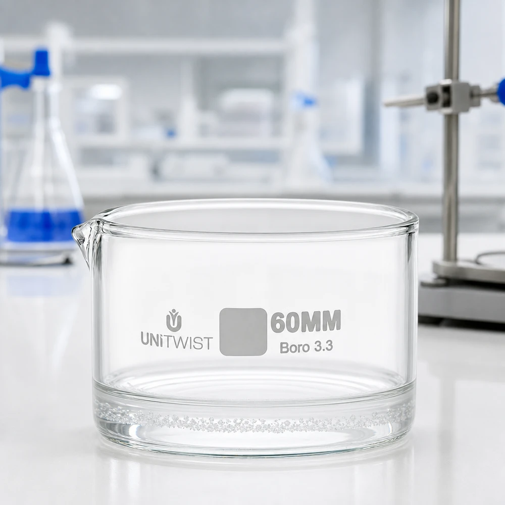 Krystalizační miska ø60 mm z borosilikátového skla UNiTWIST Rundform Verdampfungsschale 60mm Boro 3.3 UNiTWIST hitzebeständiges Laborglas leer