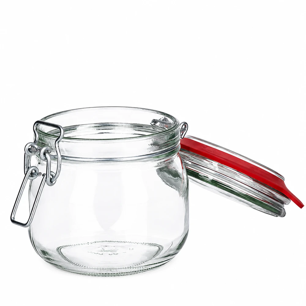 Skladovací dóza o objemu 634 ml s gumovým kroužkem a výkyvným víčkem UNiTWIST. Einweckglas 634ml mit traditionellem Bügelverschluss aus robustem Klarglas
