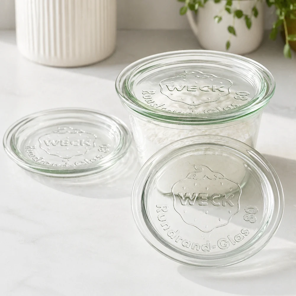 Víko na zavařování WECK RR80 WECK Glasdeckel RR80 Set mit drei Deckeln auf weißer Oberfläche in moderner Küche für stylische Aufbewahrung