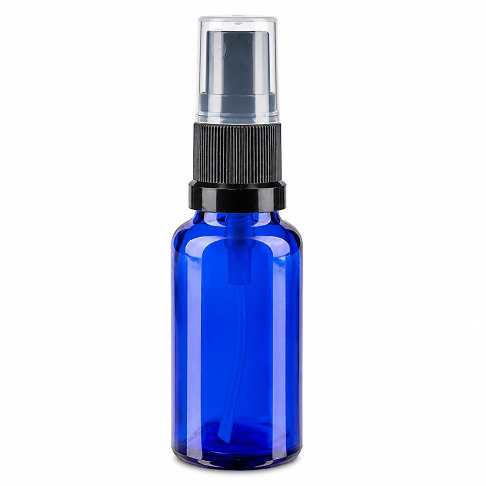 Lékárenská láhev modrá 20ml nástavec na rozprašování černá Hochwertige blaue Glasflasche 20ml mit Feinzerstäuber schwarz für ätherische Öle