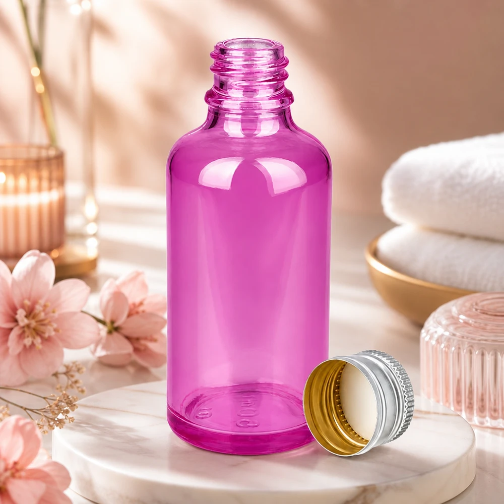 50ml lahvička 11mm šroubovací uzávěr hliníkovo-stříbrný standard PurpleLine.UT18/50 Hochwertige violette 50ml Flasche aus Glas mit langlebigem Aluminium-Verschluss für Profis