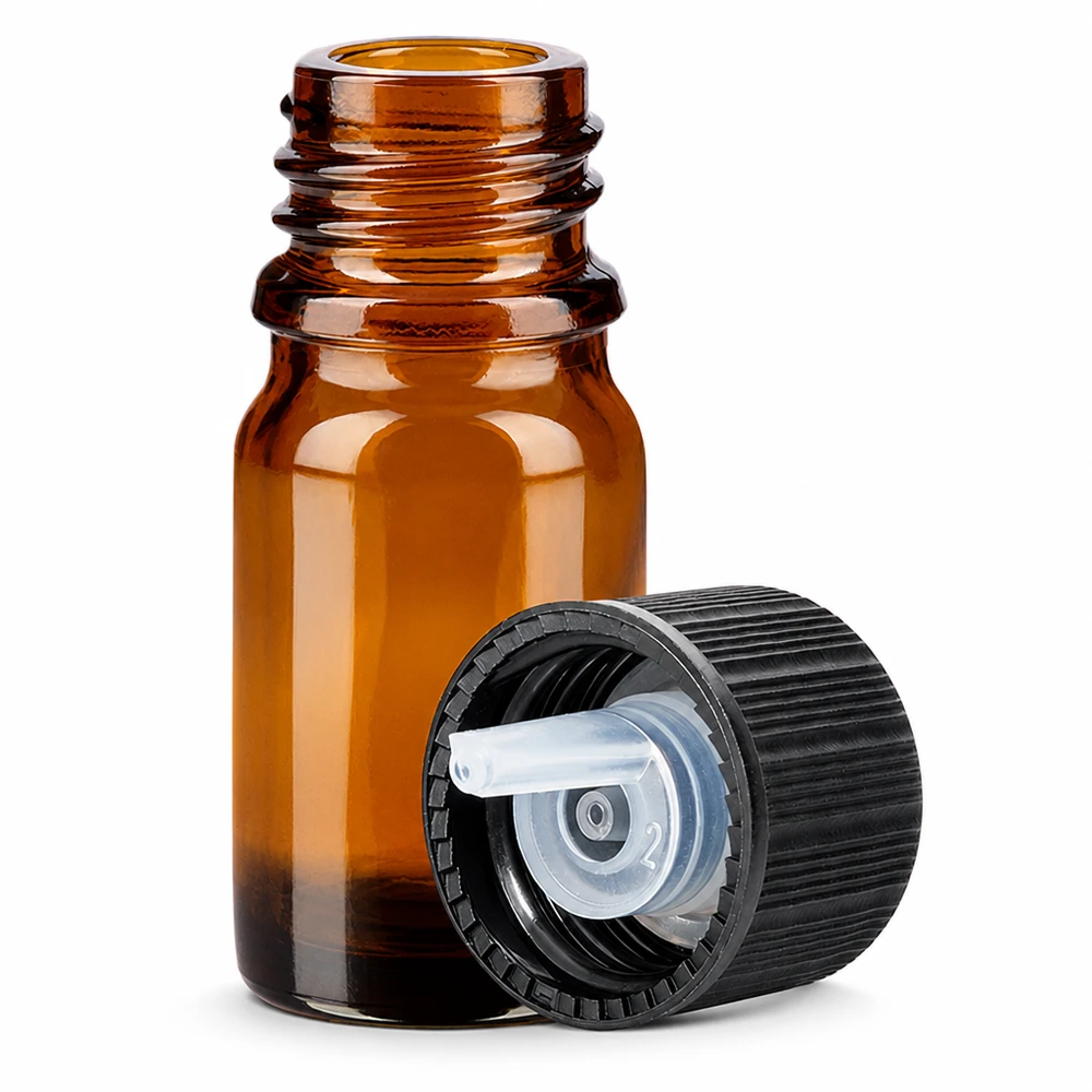 5ml lahvička s kapátkem 1mm černá standardní uzávěr BrownLine UT18/5 BrownLine Glasflasche 5ml mit 1mm Tropfeinsatz für exakte Portionierung