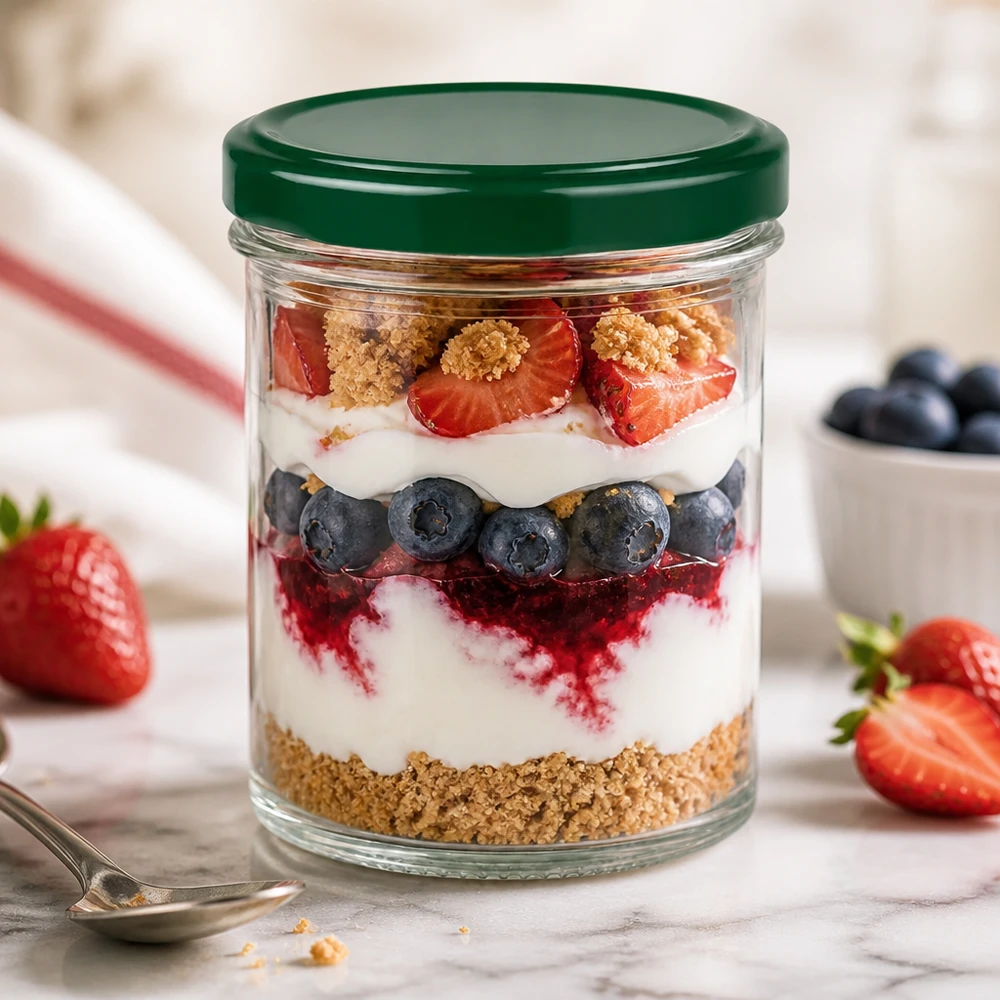 350ml tumblery + víčko BasicSeal zelené UNiTWIST 350ml Sturzglas UNiTWIST mit grünem Deckel als Dessertglas für Schichtdessert mit Beeren Joghurt und Kekskrümeln