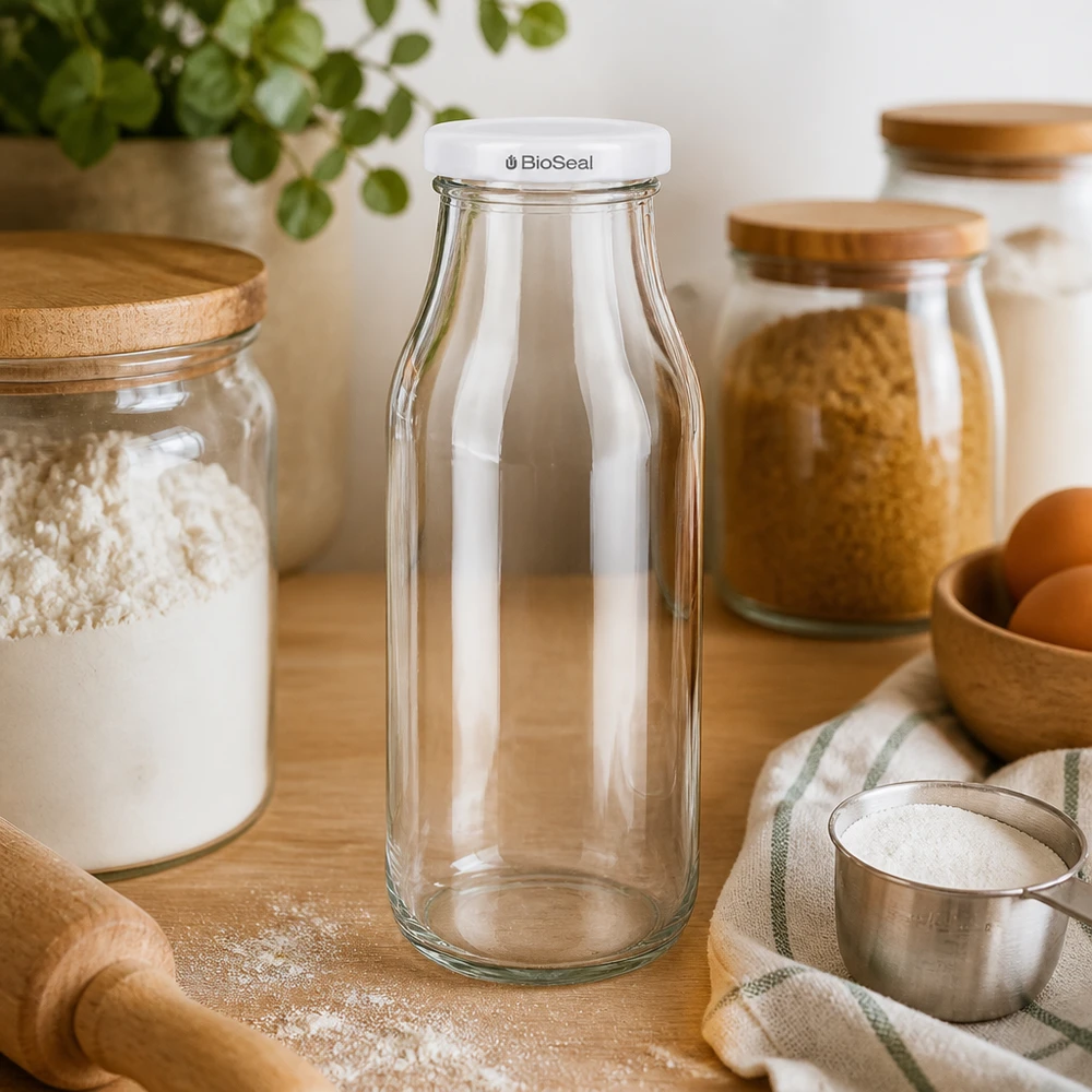UNiTWIST Bottle263 Glasflasche leer in Küchenumgebung mit Vorratsschränken und Kochutensilien aus Holz