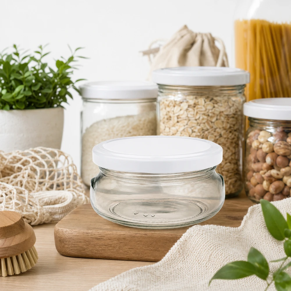 120ml zavařovací sklenice s víčkem BasicSeal bílá UNiTWIST Leeres 120ml Terrinenglas mit weißem Deckel in nachhaltiger Zero-Waste Küche mit Vorratsgläsern und Öko-Produkten