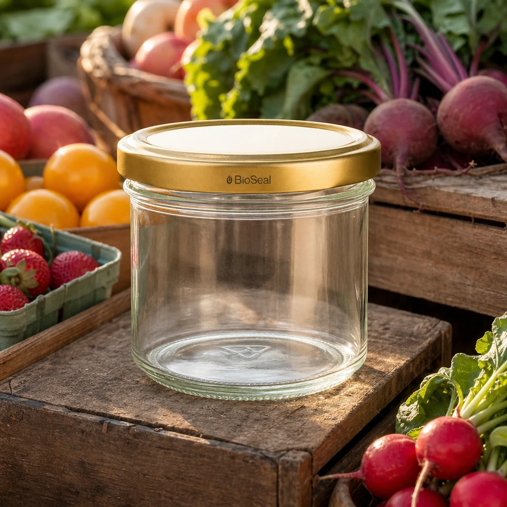 Nádoby o objemu 125 ml se zlatým víkem UNiTWIST BioSeal. UNiTWIST 125ml Einmachglas leer mit goldenem TO66 Deckel - umgeben von frischem Gemüse und Obst auf Holzbrett