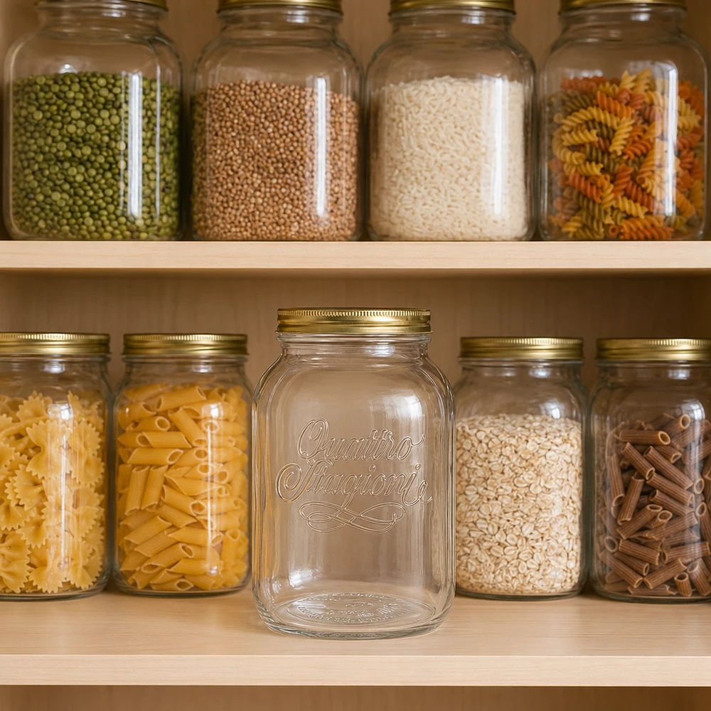 3000ml kulatá dóza "Quattro Stagioni" s víčkem 3000ml Quattro Stagioni Glas in organisierter Vorratsschrank mit Pasta Reis und Hülsenfrüchten zeigt praktische Aufbewah