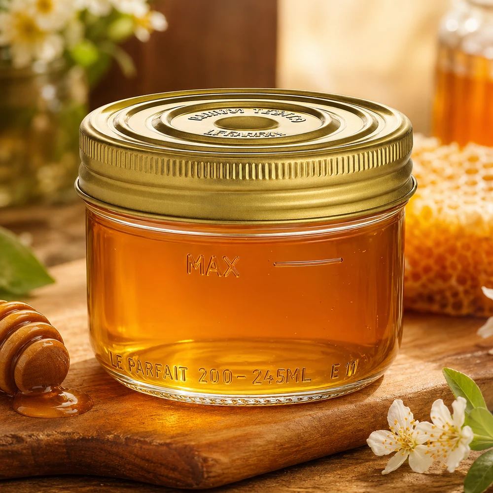 245ml Sturzglas Familia Wiss mit goldenem Deckel gefüllt mit Honig auf Holzbrett mit Honiglöffel und Blüten