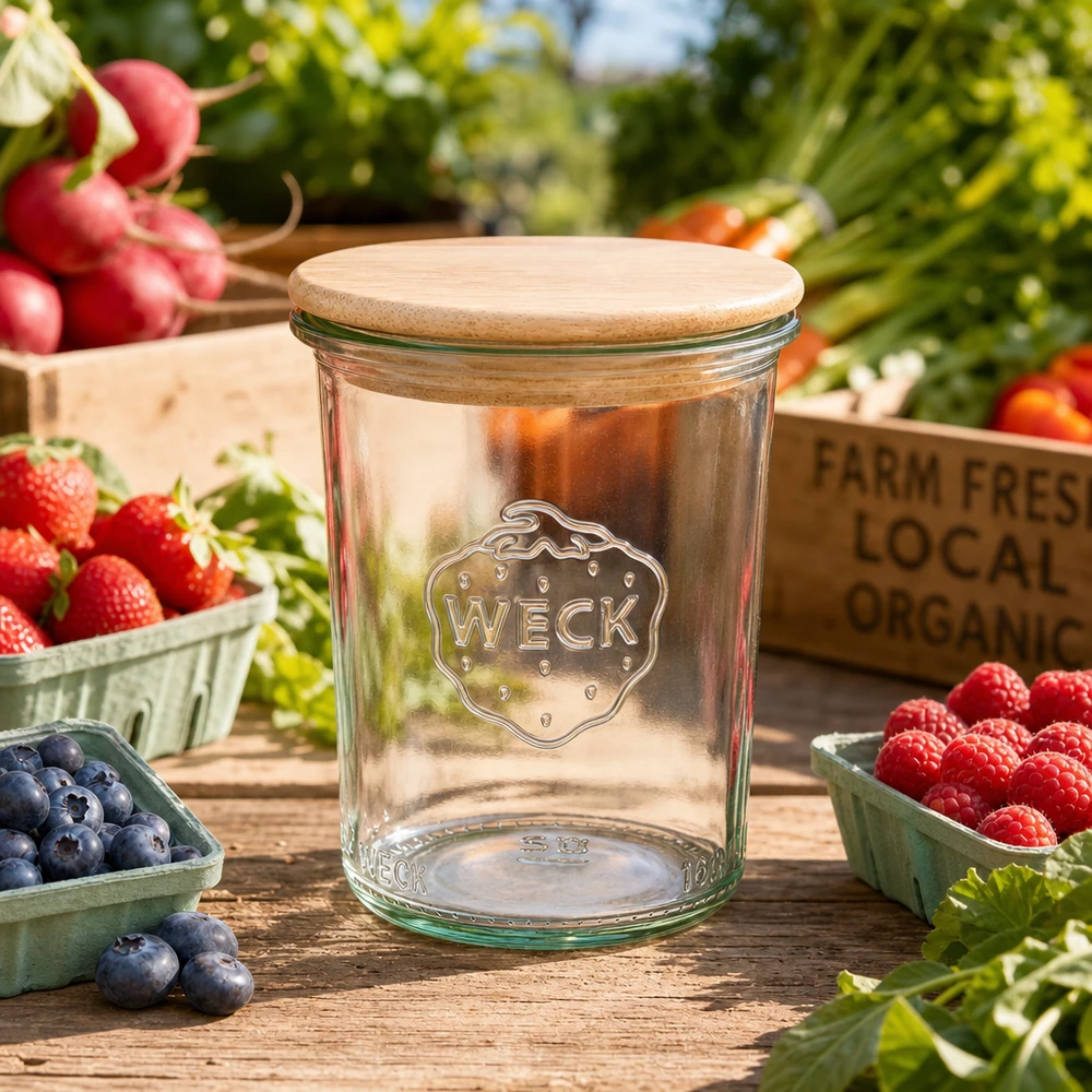 160ml kelímky WECK RR60 s dřevěným víčkem bukové barvy WECK Einmachglas 160ml RR60 zwischen frischen Beeren und Gemüse auf Holztisch natürliche Küchendeko