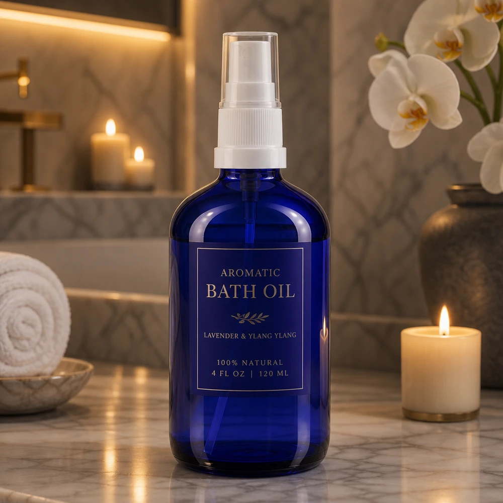 Lékárenská lahvička modrá 100ml stříkací nástavec bílý Blaues Apothekerglas 100ml mit Zerstäuberpumpe perfekt für Badezusätze und Pflegeprodukte