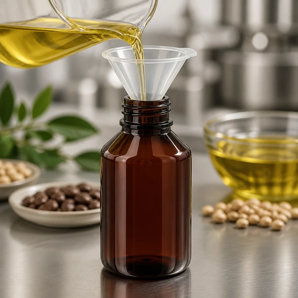 Kompaktní 50ml PET láhev s bílým bezpečnostním uzávěrem pro plnění rostlinných olejů