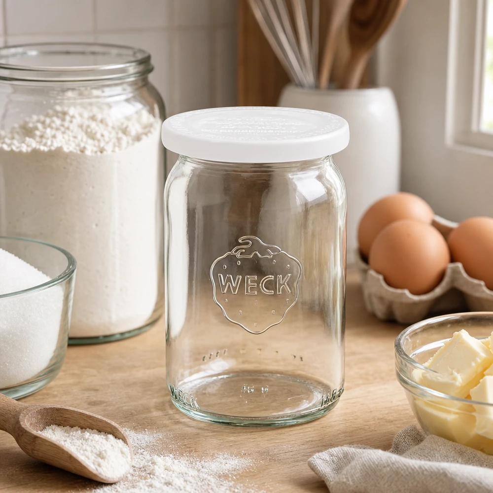 WECK RR40 Zylinderglas 145ml mit weißem Deckel auf Holzbrett neben Backzutaten wie Eiern, Mehl und Butter