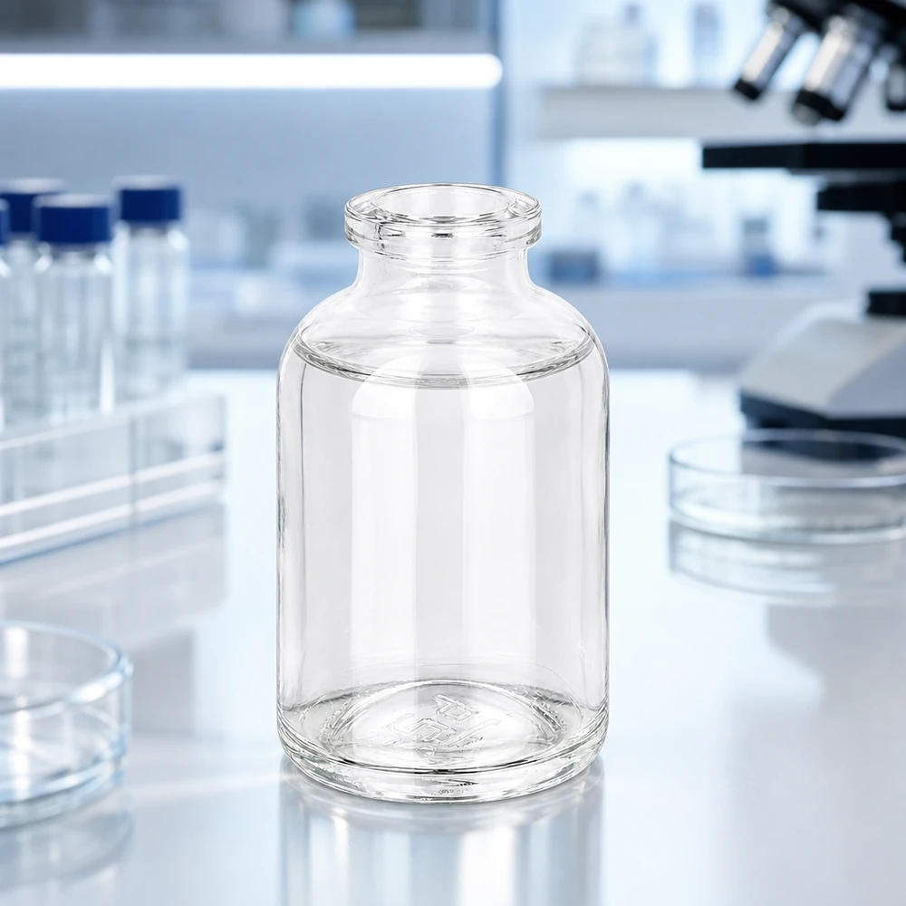 Kleines 50ml Laborgefäß aus Klarglas neben Petrischalen und Reagenzgläsern