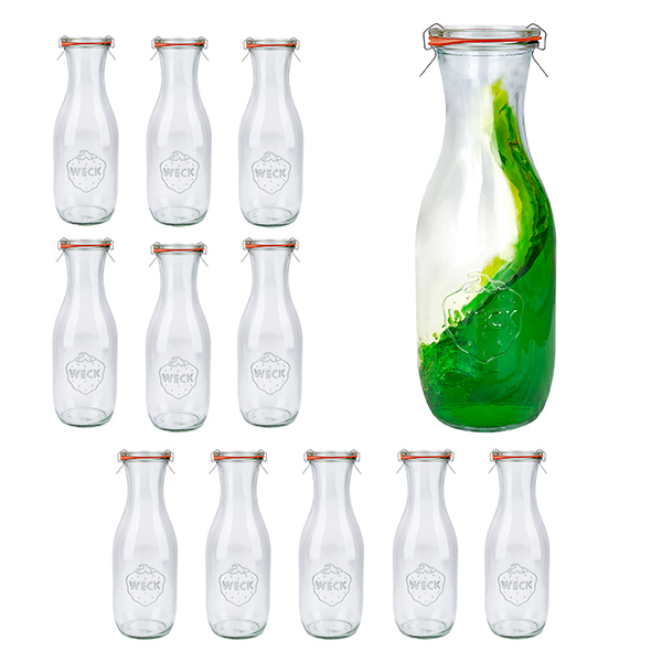 Sada 12 sklenic Weck 1062ml láhev na džus s 12 skleněnými víčky. Sada 12 sklenic Weck 1062ml láhev na džus s 12 skleněnými víčky.